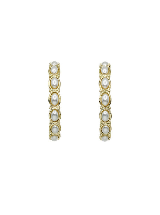 Gold Hammered and Pearl Circle 2" Hoop Earring
