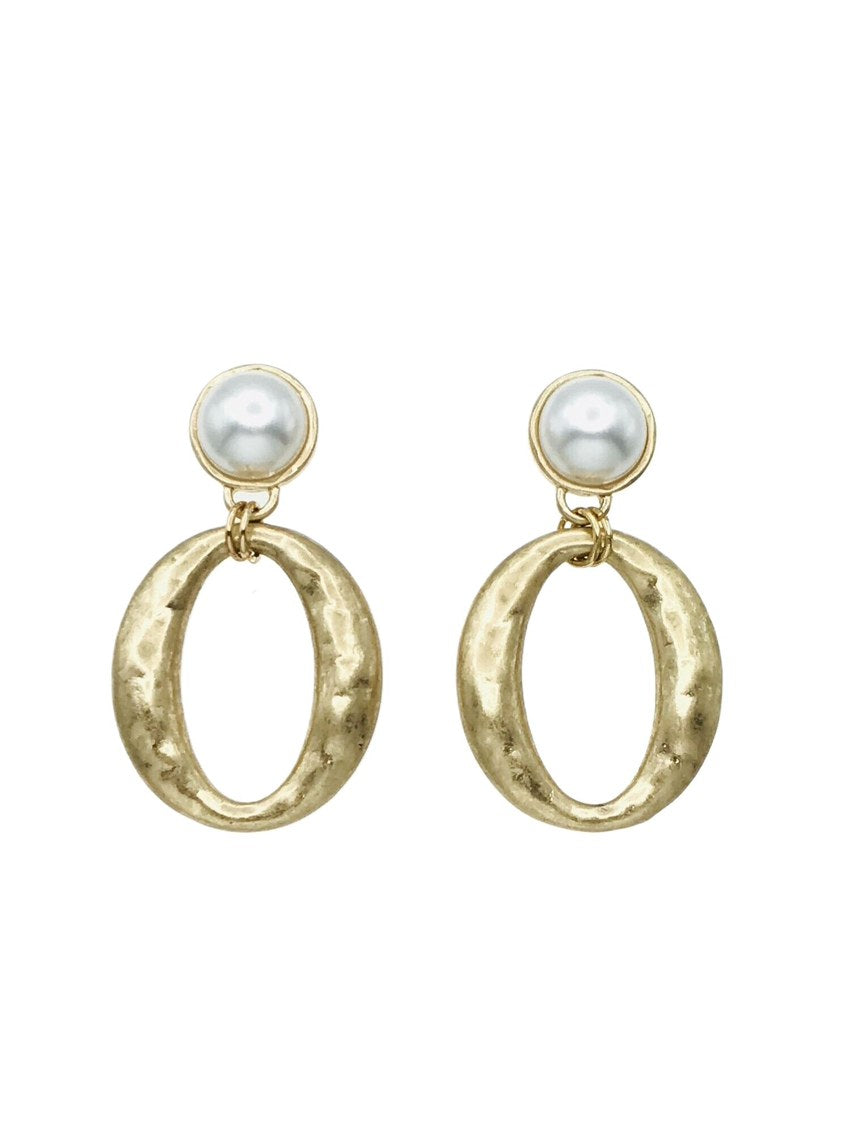 Pearl Stud with Hammered Gold 2" Oval Earring