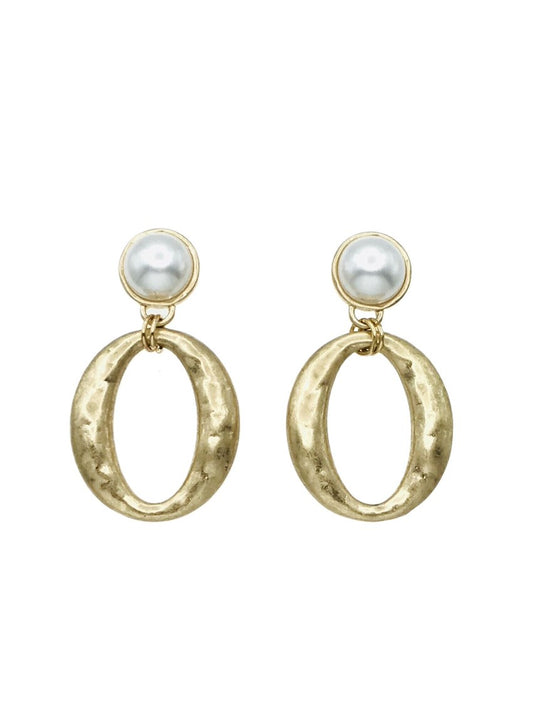 Pearl Stud with Hammered Gold 2" Oval Earring