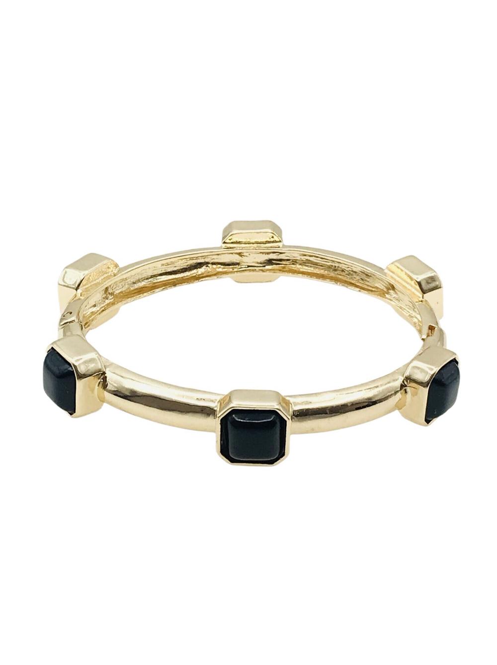 Hammered Gold with Black Square Stone Stretch Bracelet