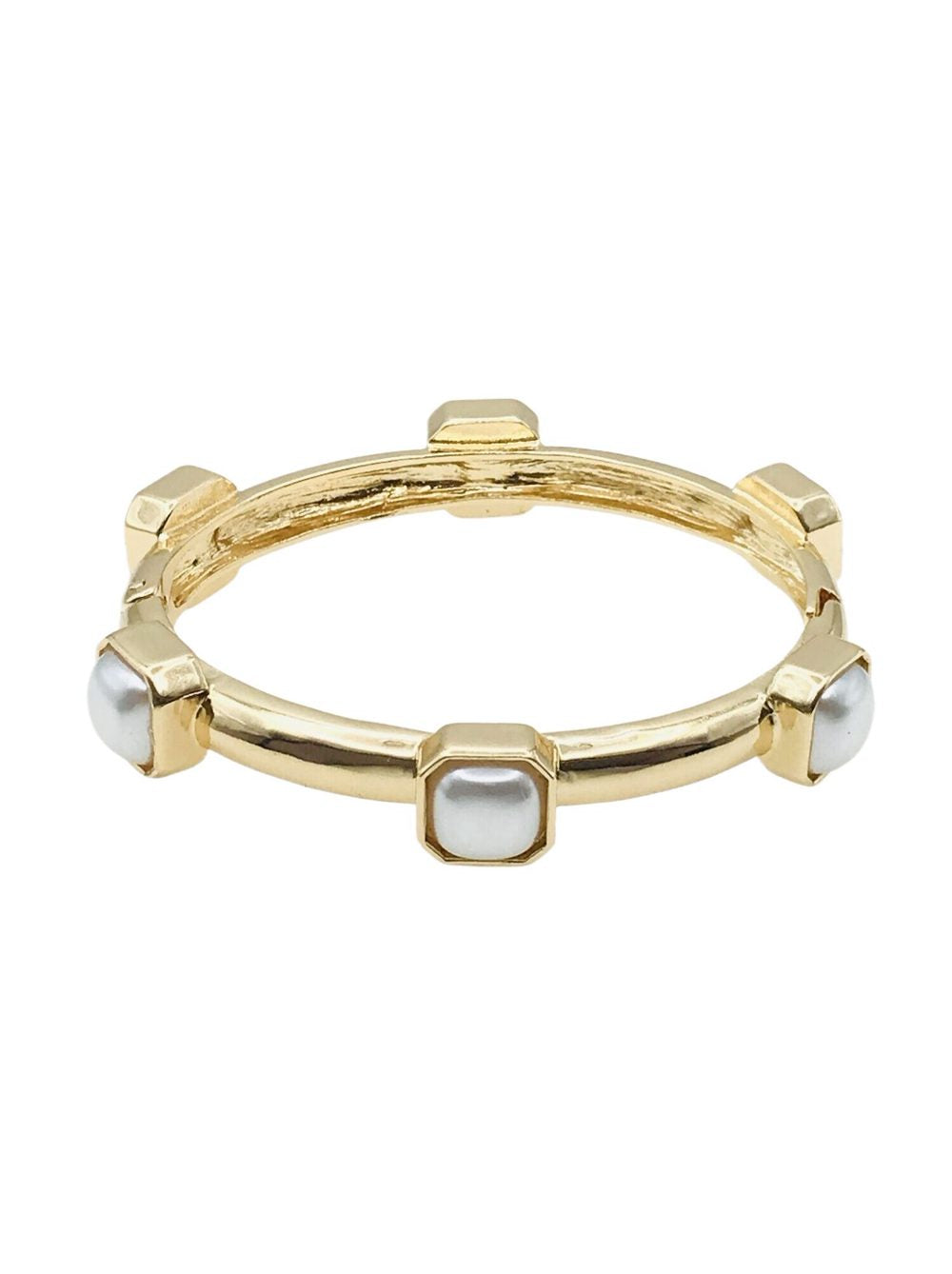 Hammered Gold with Pearl Square Stone Stretch Bracelet