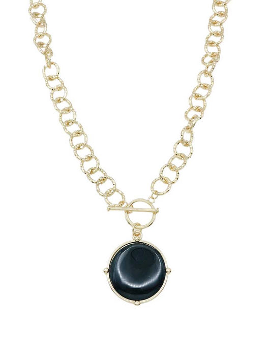 Gold Open Chain with Black Circle Stone and Gold 16"-18" Necklace