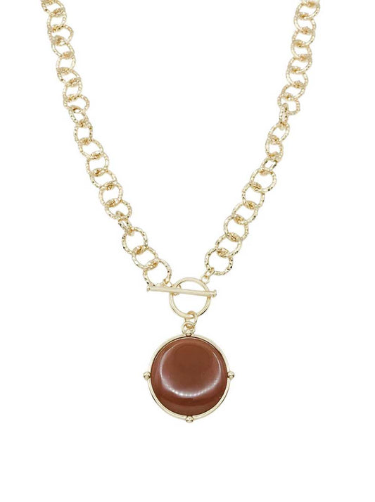 Gold Open Chain with Brown Circle Stone and Gold 16"-18" Necklace