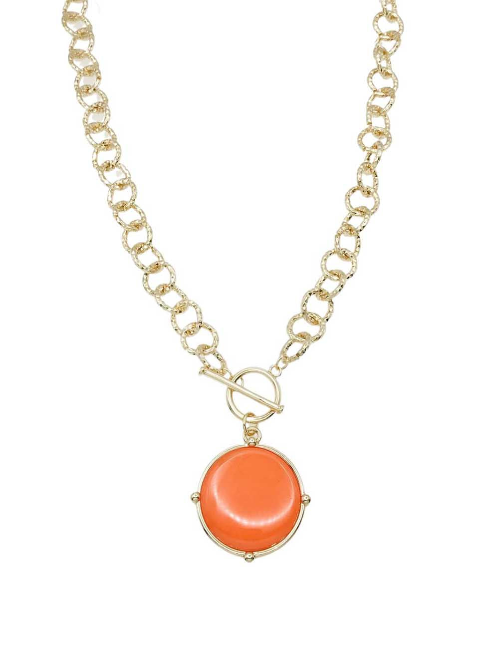 Gold Open Chain with Orange Circle Stone and Gold 16"-18" Necklace