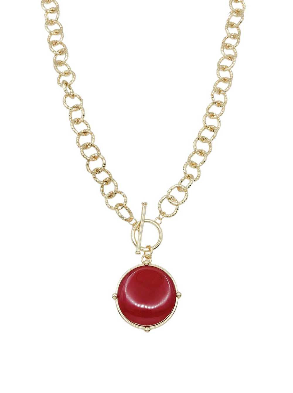 Gold Open Chain with Red Circle Stone and Gold 16"-18" Necklace