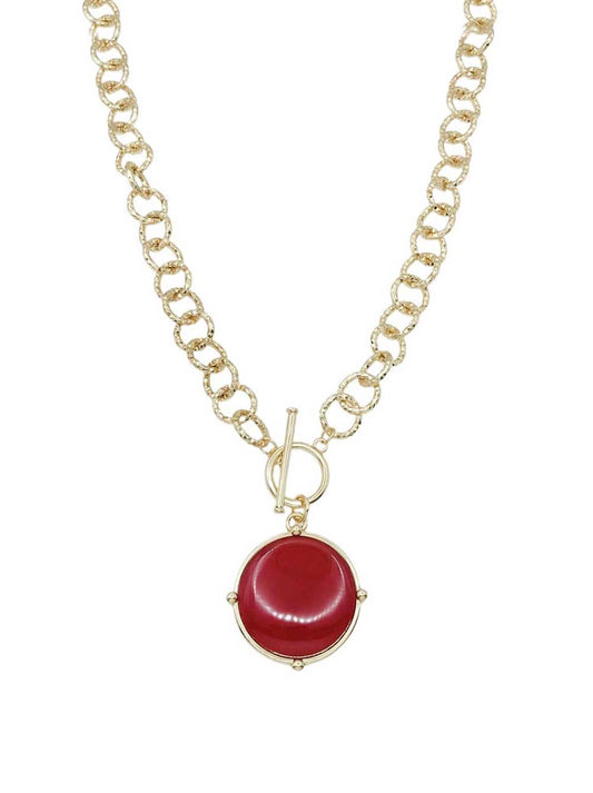 Gold Open Chain with Red Circle Stone and Gold 16"-18" Necklace
