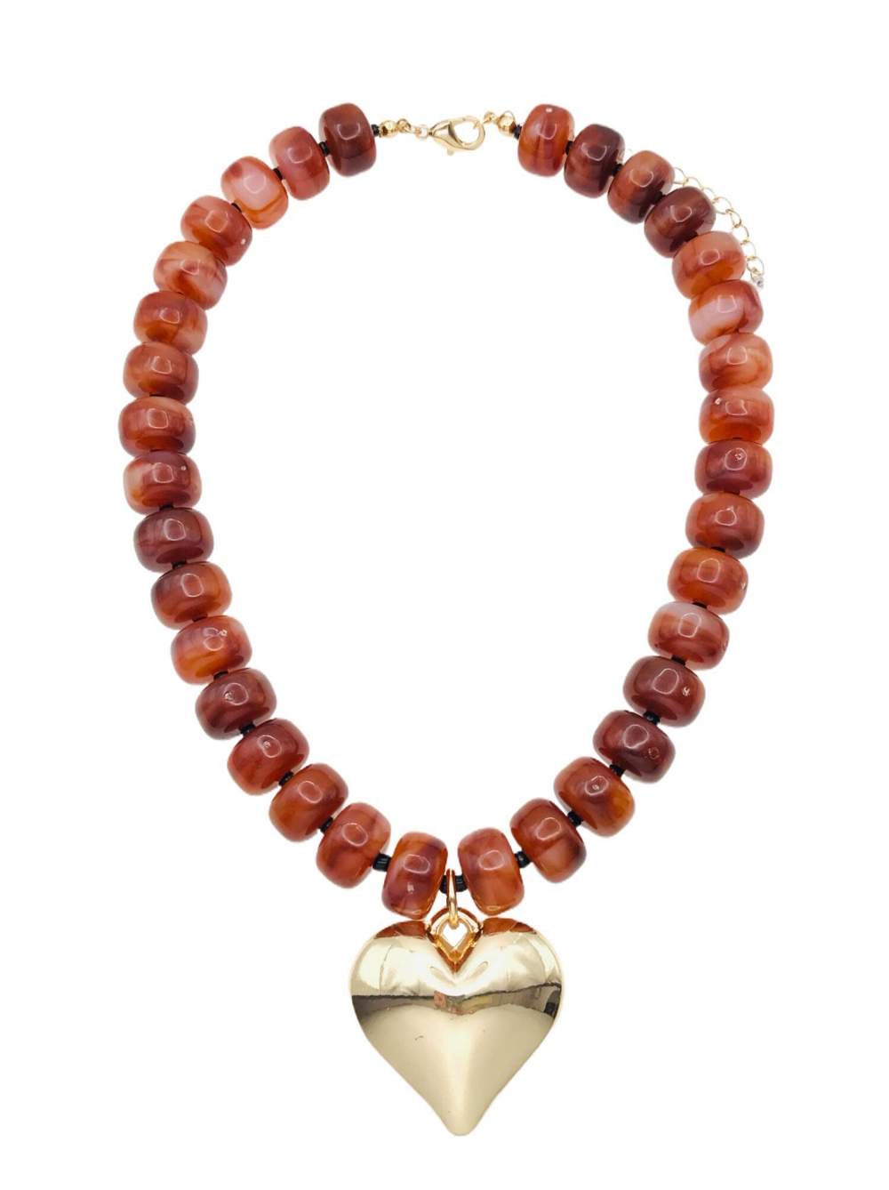 Brown Chunky Beaded with Gold Heart Charm 16"-18" Necklace
