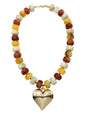 Brown, Yellow, Natural Chunky Beaded with Gold Heart Charm 16"-18" Necklace