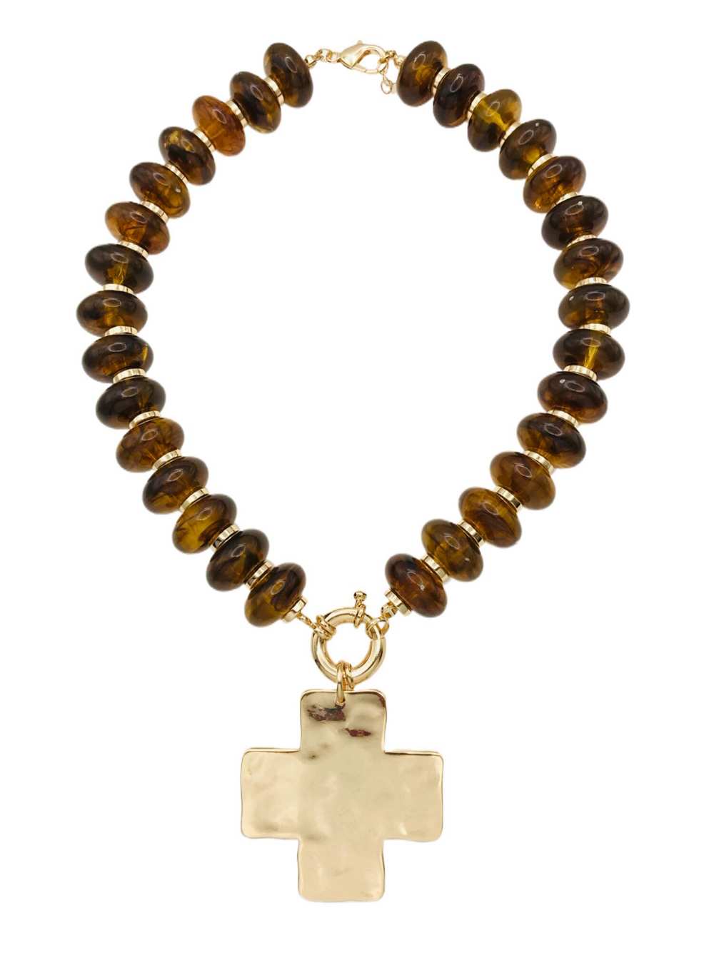 Brown Acrylic Oval with Hammered Cross 16"-18" Necklace