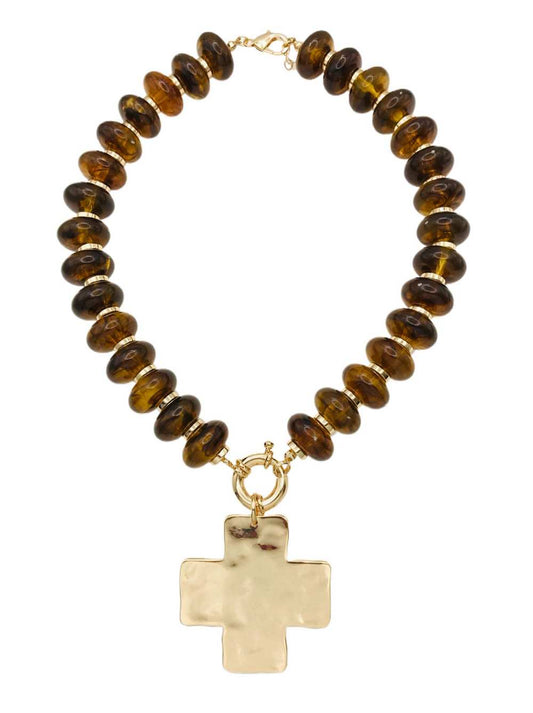 Brown Acrylic Oval with Hammered Cross 16"-18" Necklace