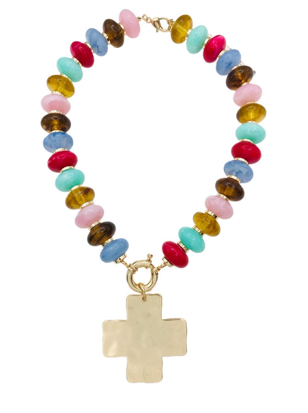 Multi Acrylic Oval with Hammered Cross 16"-18" Necklace