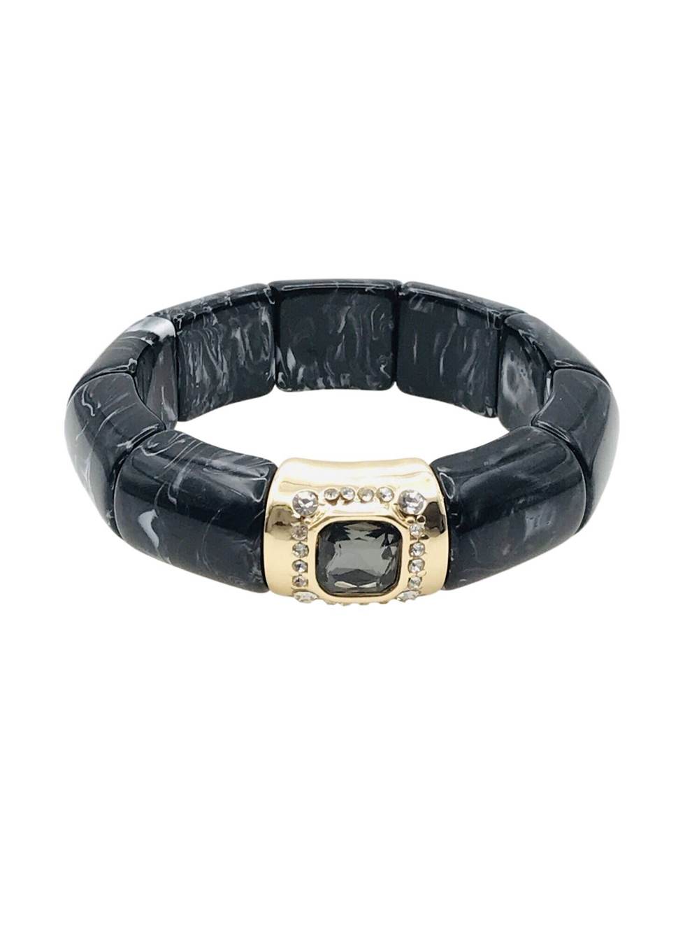 Black Acrylic Stretch Bracelet with Gold and Crystal Accent