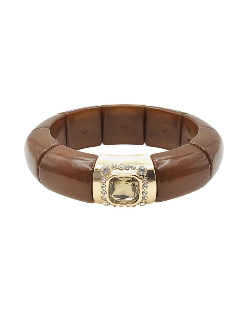 Brown Acrylic Stretch Bracelet with Gold and Crystal Accent