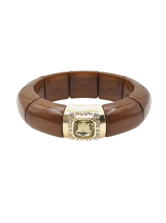 Brown Acrylic Stretch Bracelet with Gold and Crystal Accent