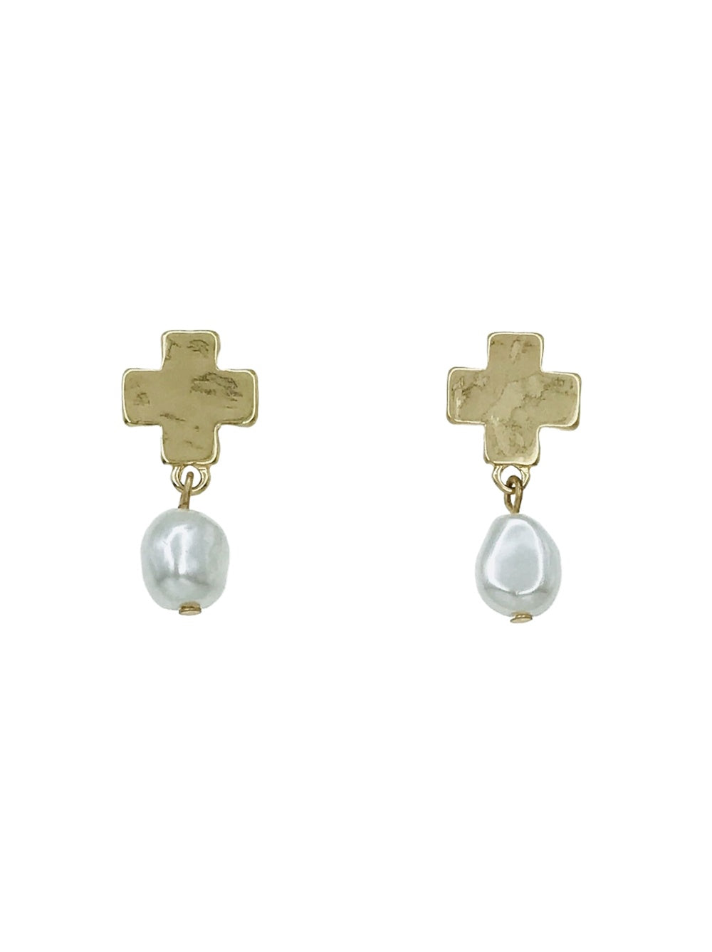 Small Hammered Cross with Pearl .5" Earring