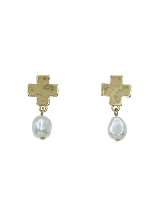 Small Hammered Cross with Pearl .5" Earring
