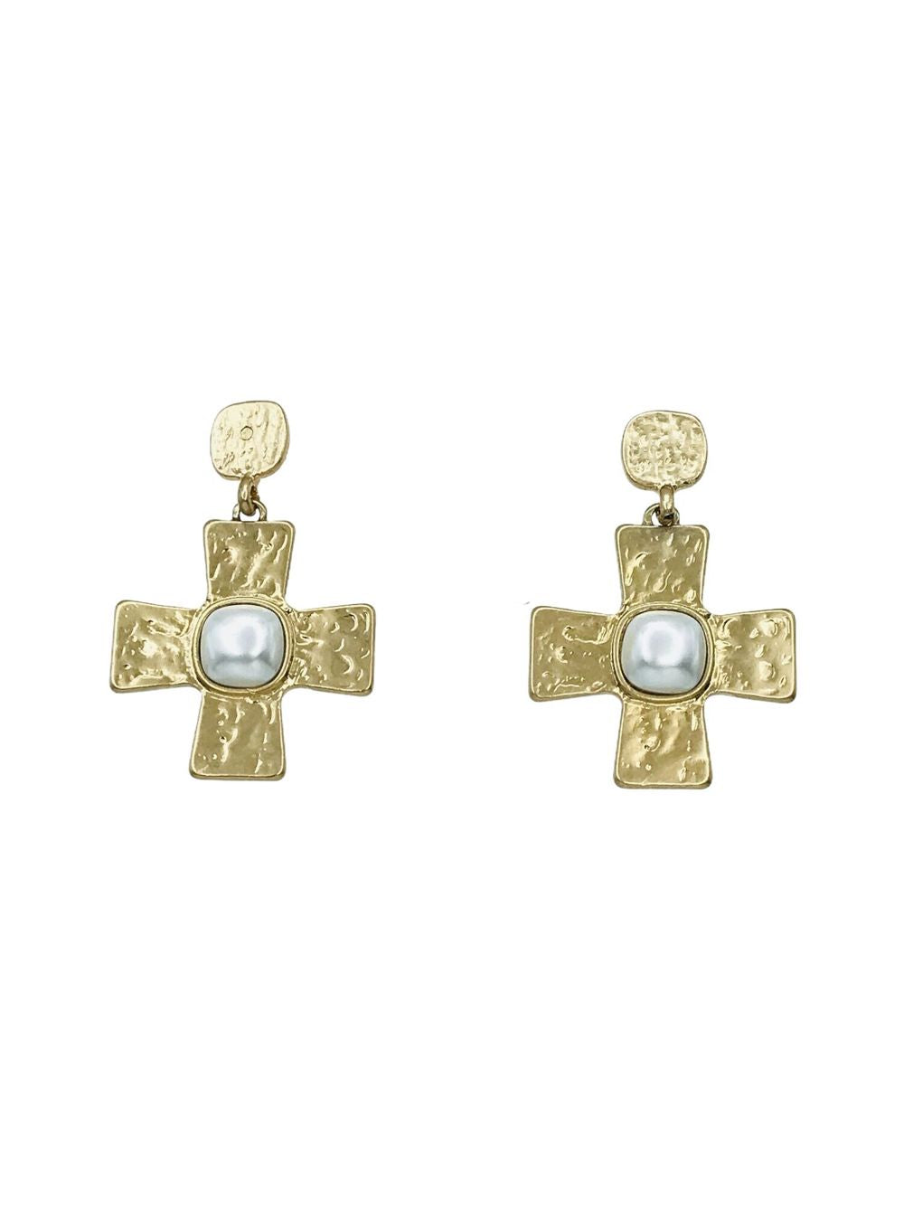 Gold Hammered Cross with Pearl 1.5" Earring