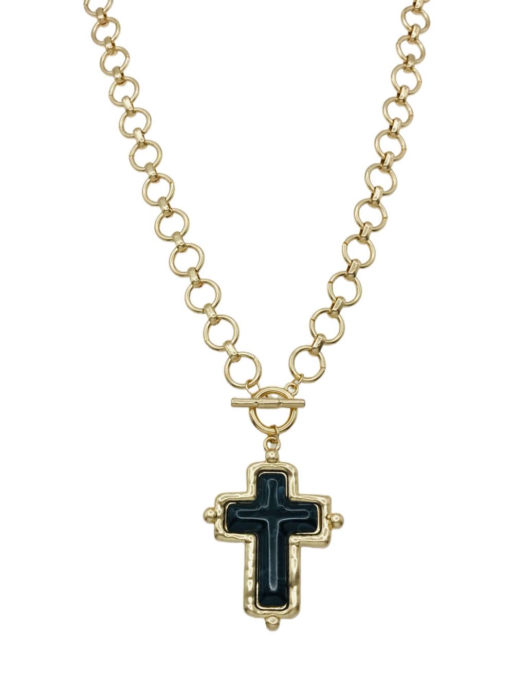 Gold Open Chain with Black Cross Charm 16"-18" Necklace