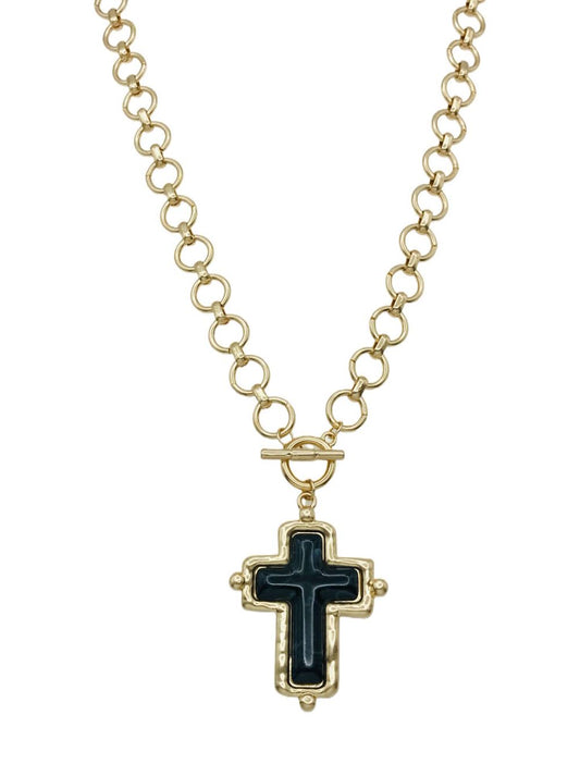 Gold Open Chain with Black Cross Charm 16"-18" Necklace
