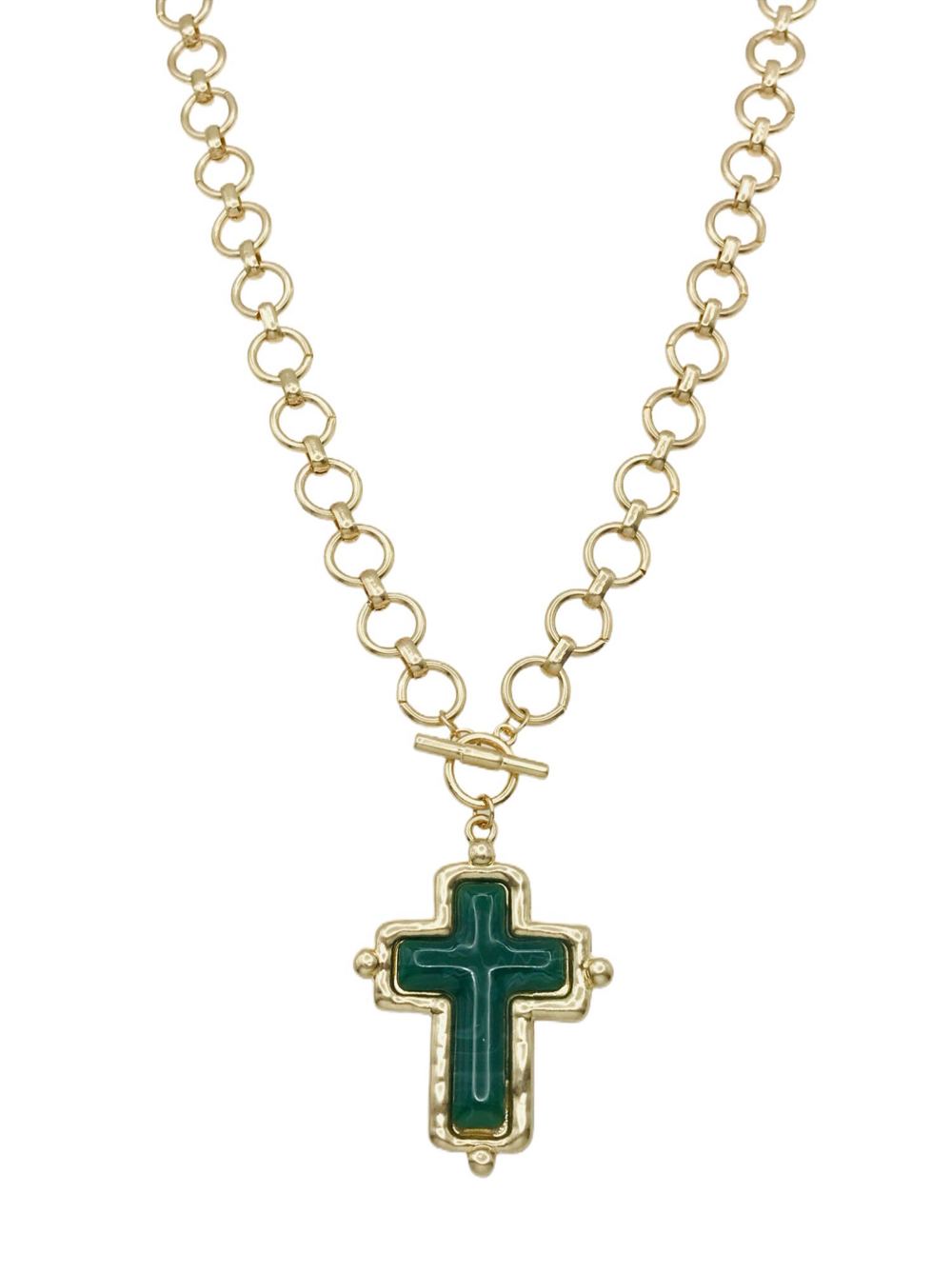 Matte Gold Textured Chain with Green Enamel 1.5" Cross Charm