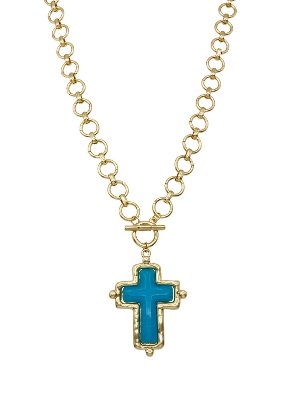 Gold Open Chain with Turquoise Cross Charm 16"-18" Necklace