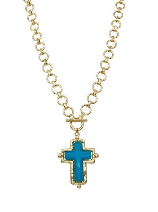 Gold Open Chain with Turquoise Cross Charm 16"-18" Necklace