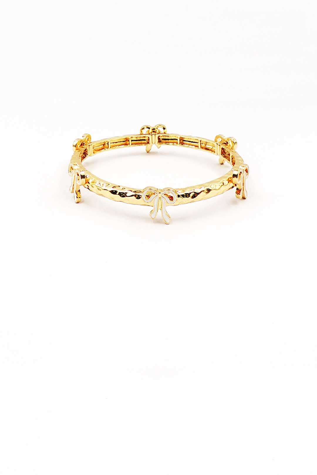 Gold Metal Hammered Stretch Bracelet with White Bows