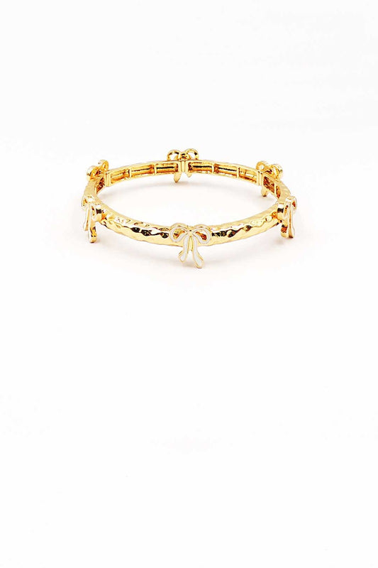 Gold Metal Hammered Stretch Bracelet with White Bows