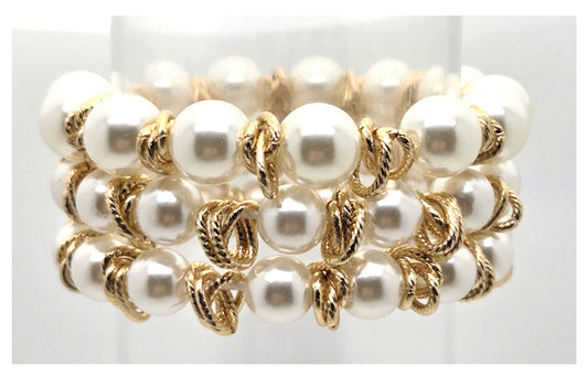 Set of Three Pearl Beaded and Gold Stretch Bracelets