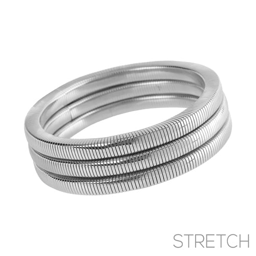 Set of 3 Silver Ribbed Squared Stretch Bracelets