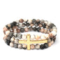 Pink Natural Stone and Gold Three Row Cross Stretch Bracelet