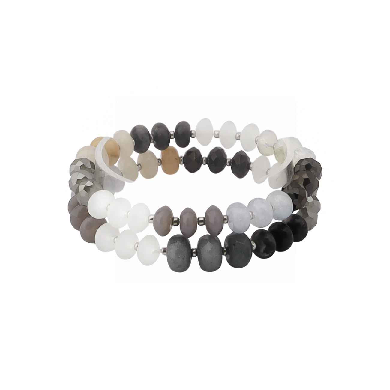 Set of 2 Grey, Cream, and Natural Beaded Stretch Bracelets