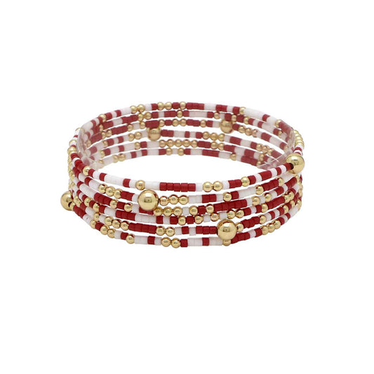 Multi Row Thin Seed Bead Maroon and White Seed Bead Gameday Stretch Bracelets