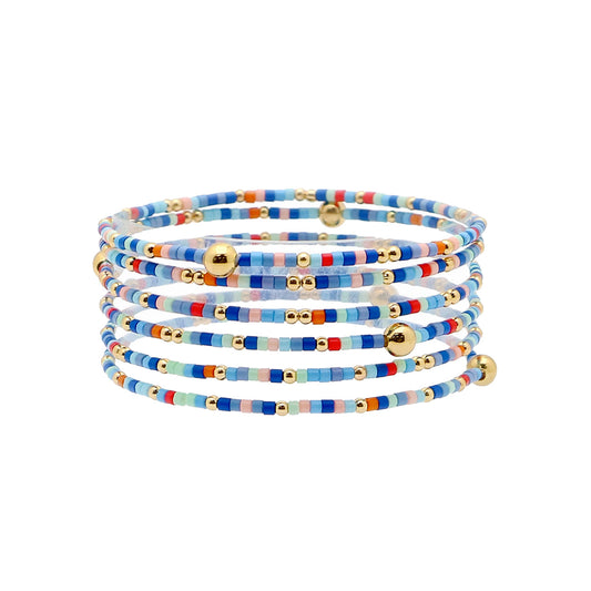 Set of 6 Blue Sead Beed and Gold Stretch Bracelets