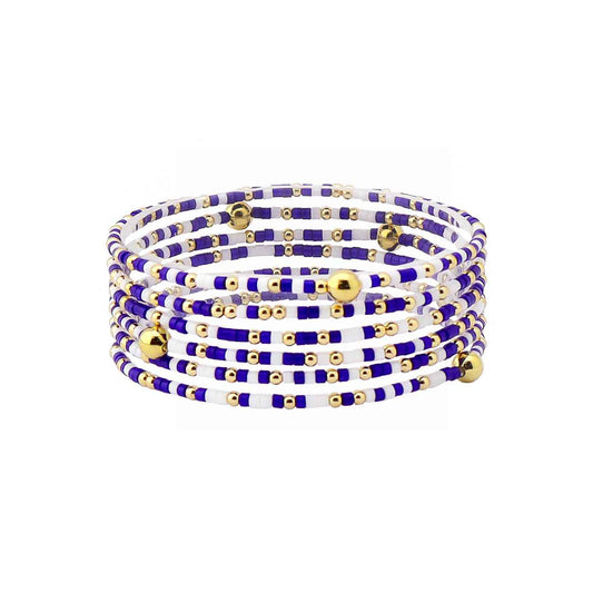 Multi Row Thin Seed Bead Blue and White Seed Bead Gameday Stretch Bracelets
