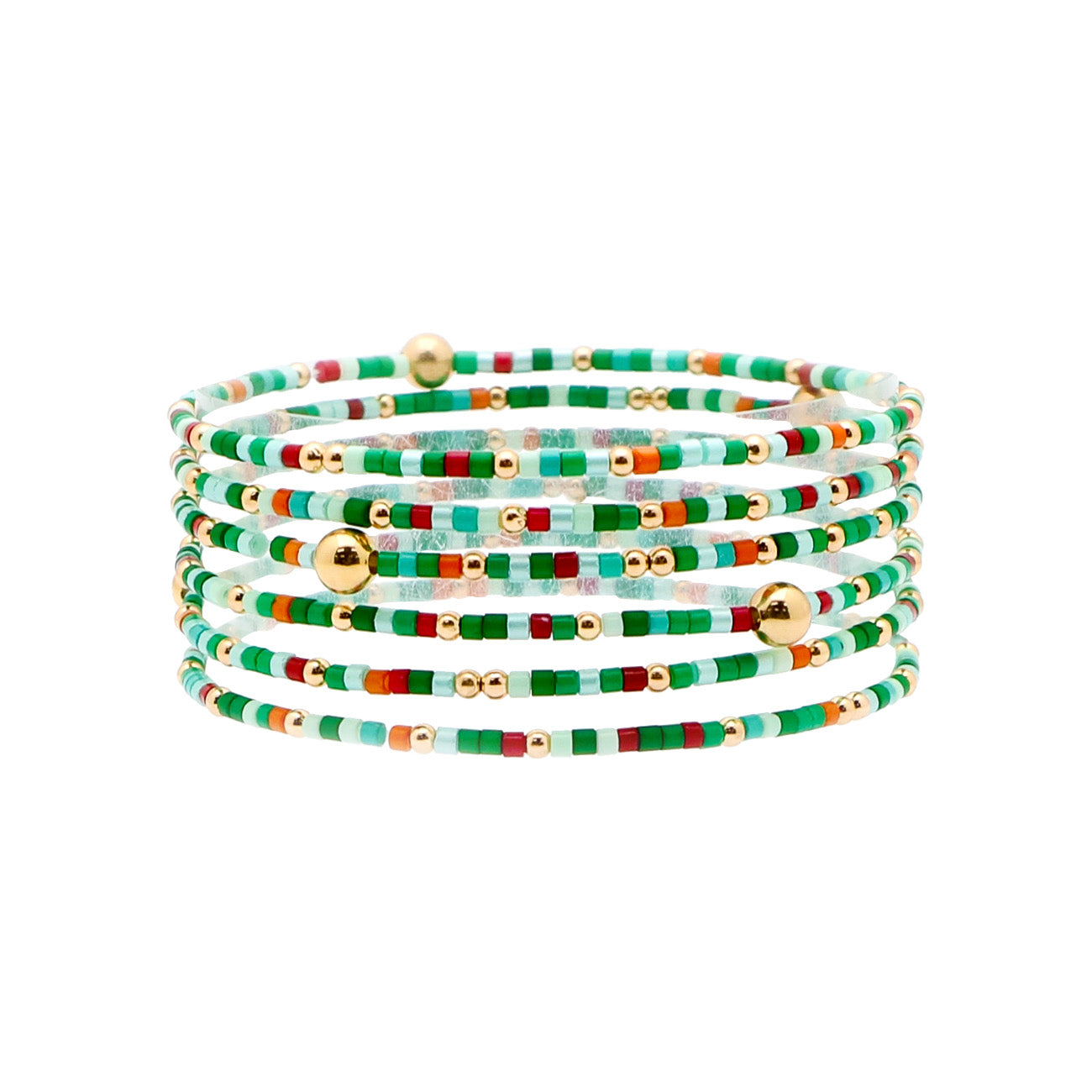 Multi Row Green Multi Seed Bead and Gold Ball Beaded Stretch Bracelets