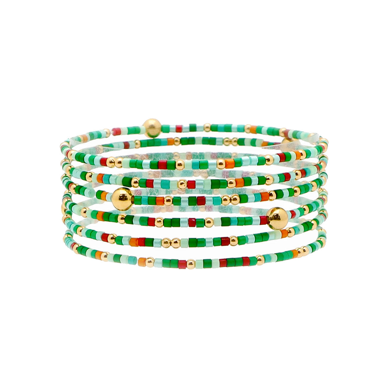 Set of 6 Green Sead Beed and Gold Stretch Bracelets