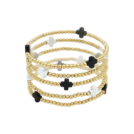 Gold Beaded with Black and White Cross Set of 5 Stretch Bracelets