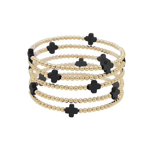 Gold Beaded with Black Cross Set of 5 Stretch Bracelets