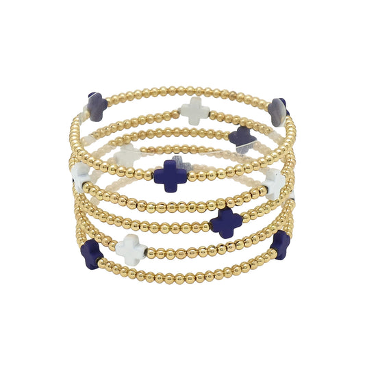 Gold Beaded with Blue and White Cross Set of 5 Stretch Bracelets