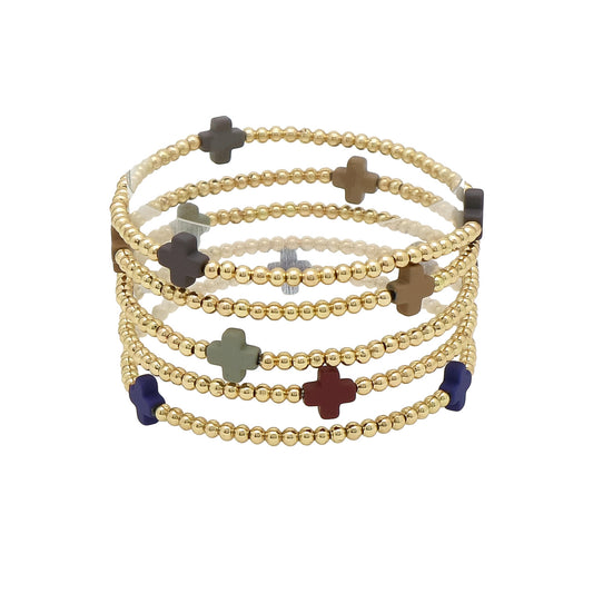 Gold Beaded with Dark Multi Cross Set of 5 Stretch Bracelets