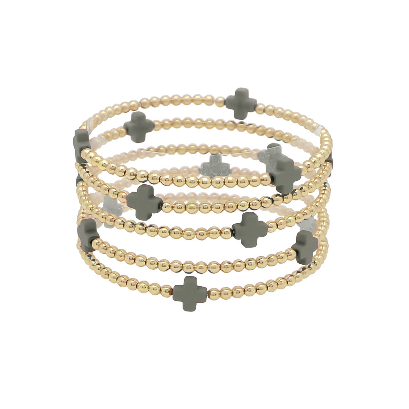 Gold Beaded with Grey Cross Set of 5 Stretch Bracelets