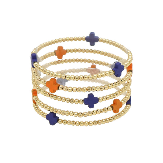 Gold Beaded with Orange and Navy Cross Set of 5 Stretch Bracelets