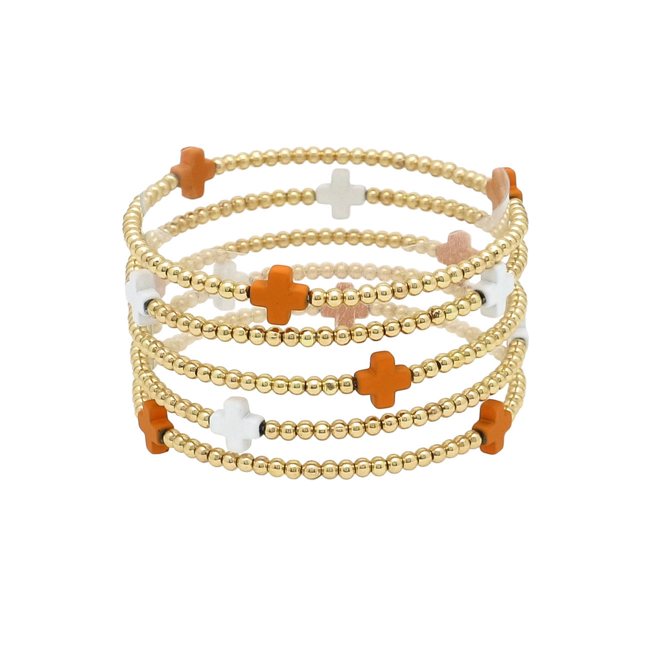 Gold Beaded with Orange and White Cross Set of 5 Stretch Bracelets