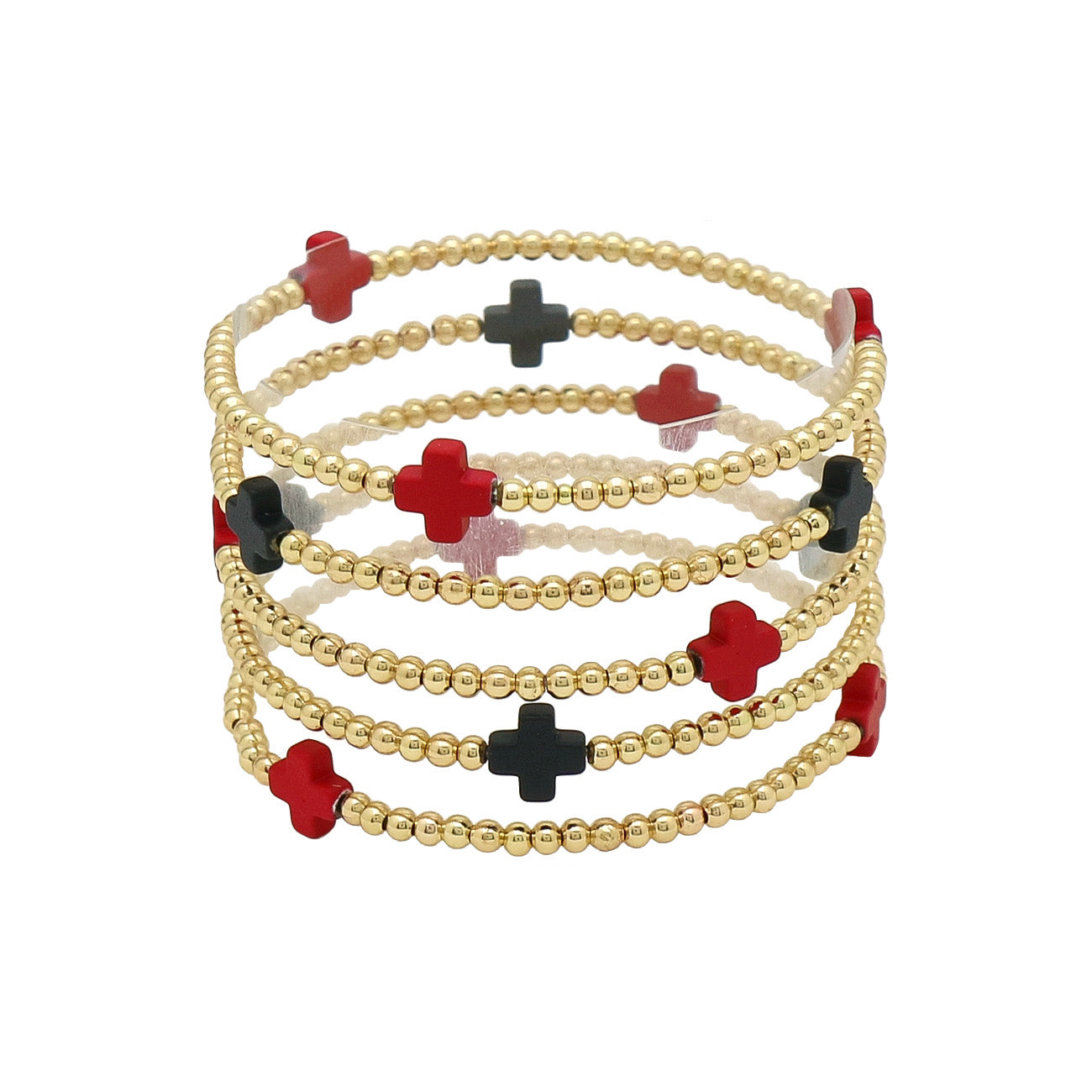 Gold Beaded with Red and Black Cross Set of 5 Stretch Bracelets