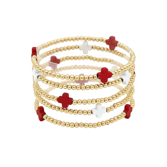 Gold Beaded with Red and White Cross Set of 5 Stretch Bracelets