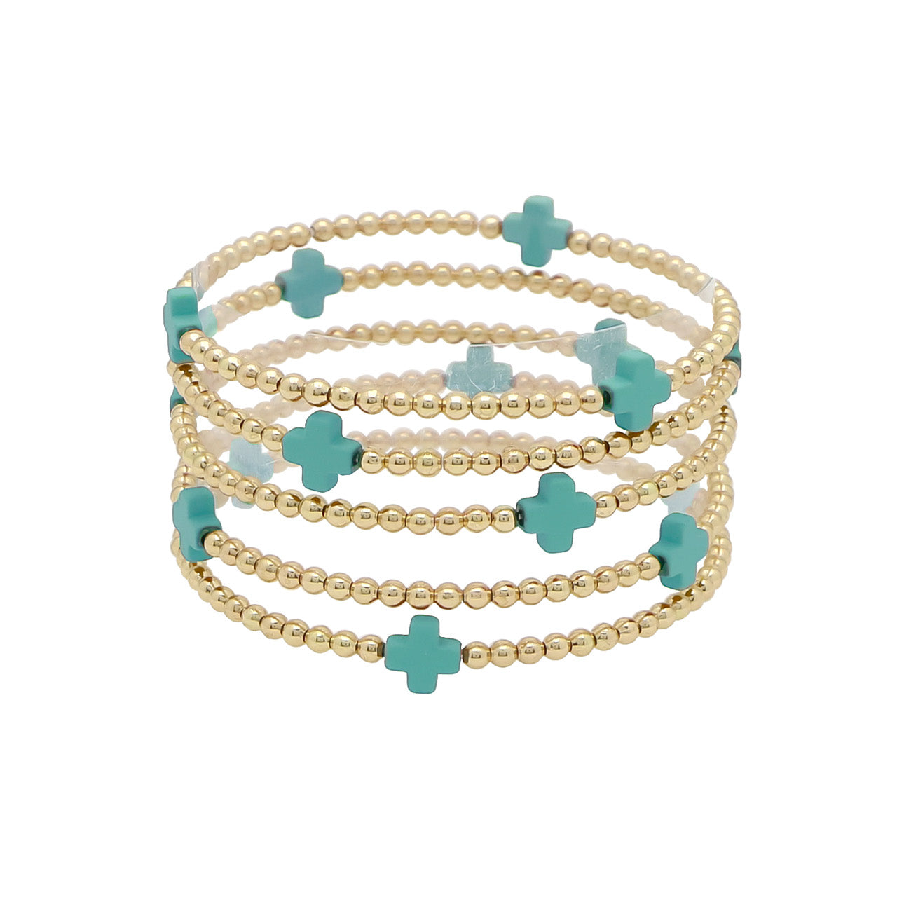 Gold Beaded with Turquoise Cross Set of 5 Stretch Bracelets