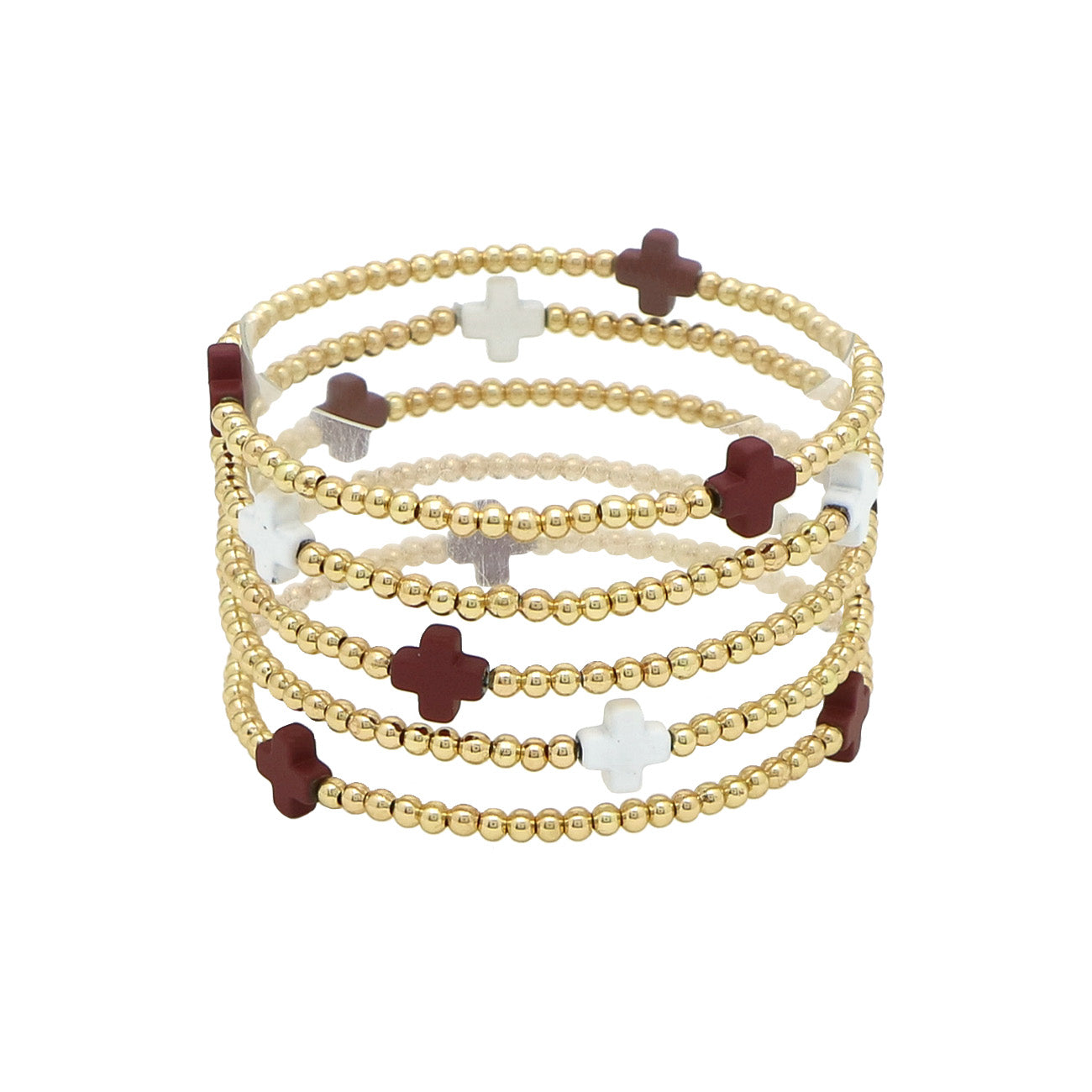 Gold Beaded with Maroon and White Cross Set of 5 Stretch Bracelets