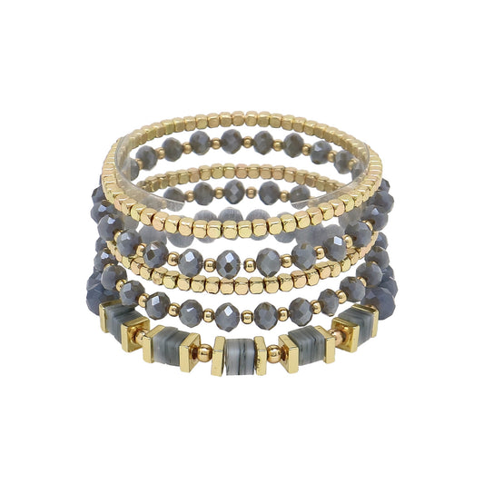 Grey Crystal and Gold Set of 5 Stretch Bracelets