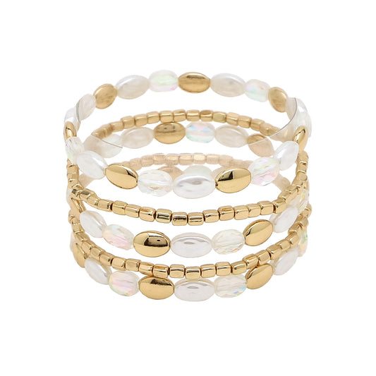 White, Pearl, and Gold Beaded Set of 5 Stretch Bracelets